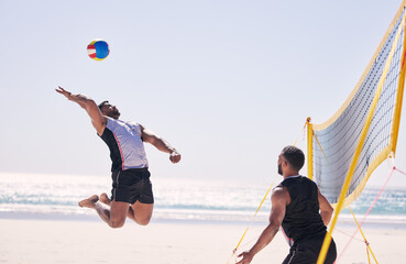 Beach, volleyball serve and team with competition at ocean and sea with exercise, sport and...