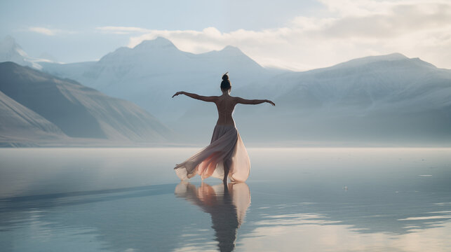 A beautiful lady avid traveler and dancer dancing on the partially frozen Pangong Lake, Ladakh, India, wearing a long gown © PrabhjitSingh