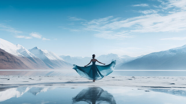 A beautiful lady avid traveler and dancer dancing on the partially frozen Pangong Lake, Ladakh, India, wearing a long gown