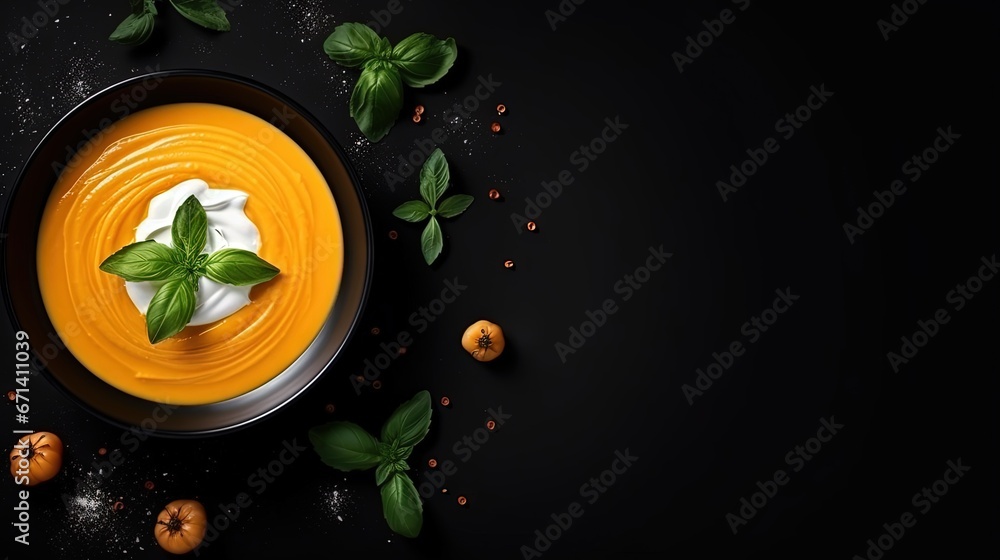 Poster Pumpkin and carrot soup with cream and basil in black plate over dark background Top view Copy space