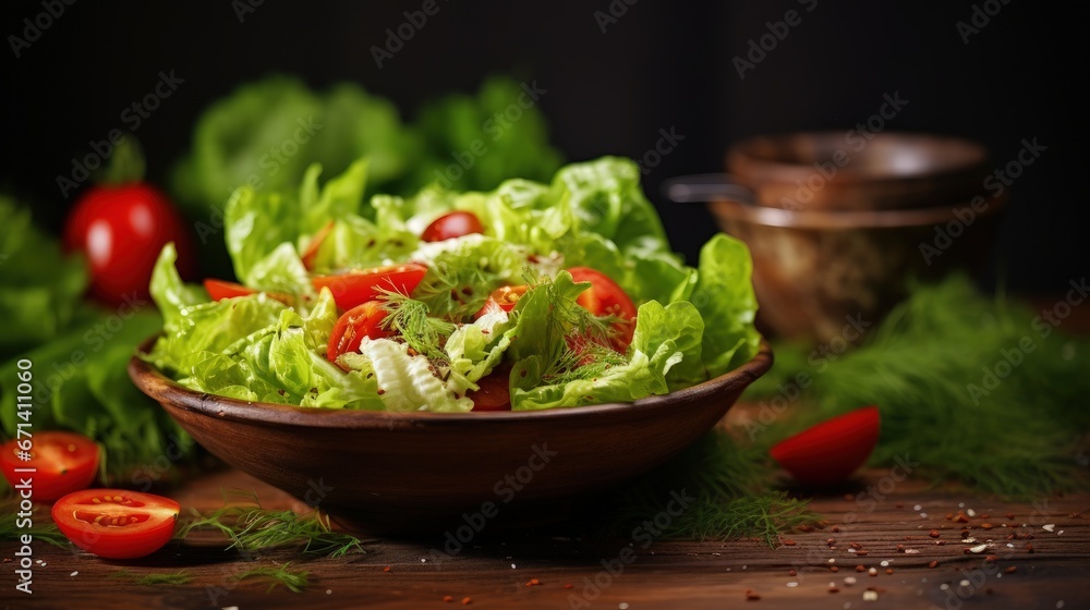 Poster fresh salad greens of lettuce with spices and fresh vegetables.vegetarian and healthily cooking conc