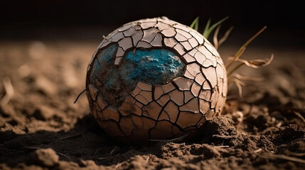 Fototapeta na wymiar A blue globe is placed in a cracked earth.