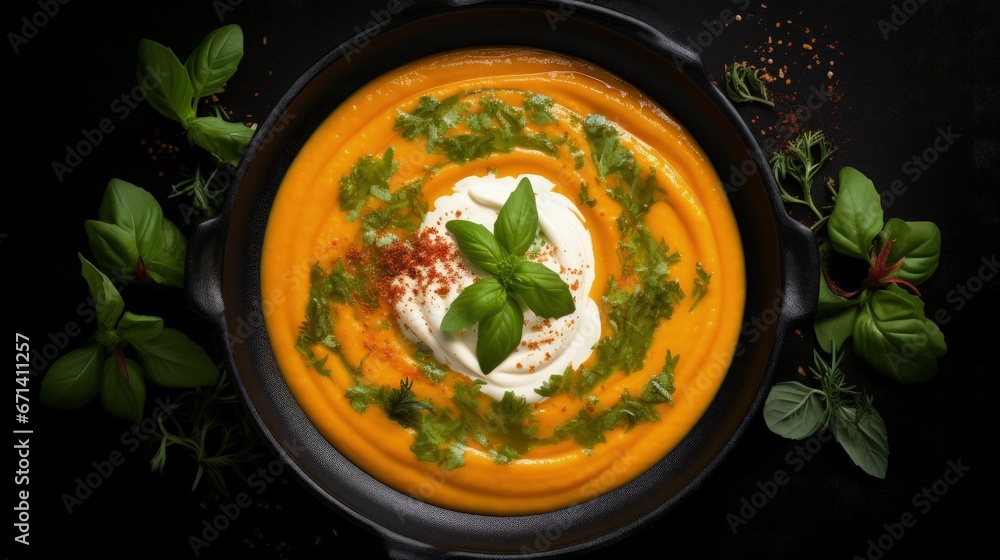 Poster pumpkin and carrot soup with cream and basil in black plate over dark background top view copy space