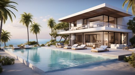 Fototapeta na wymiar Luxury beach house with sea view swimming pool and terrace in modern design. 3d illustration of contemporary holiday villa exterior.