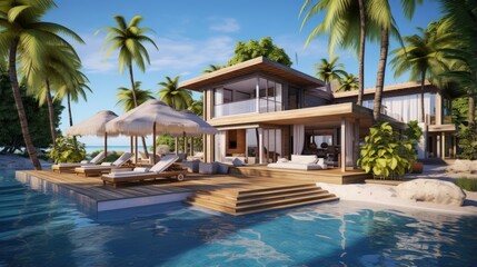 Luxury villa with dock perfect for summer vacation. Beautiful villa for relaxing summer vacation. modern villa on summer vacation. dreamy destination for summer vacation in villa