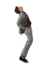 Fototapeta premium Asian man wearing a suit leaning back.