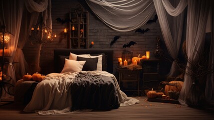 Stylish room interior with creative Halloween decor