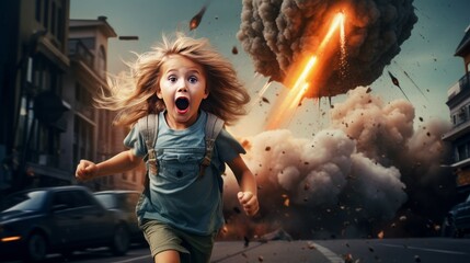 Civilian, unaware and innocent, flees from a missile attack within the city. Children and families are fleeing in fear and anxiety from an unexpected military operation. - obrazy, fototapety, plakaty