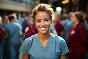 Fotobehang Portrait of young nurse. Smiling at camera outside of hospital. Medical staff concept. © Allistair/Peopleimages - AI