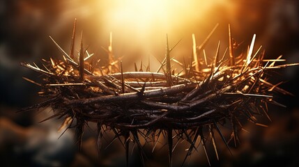Passion Of Jesus - Wooden Cross With Crown Of Thorns With Abstract Blurred Light