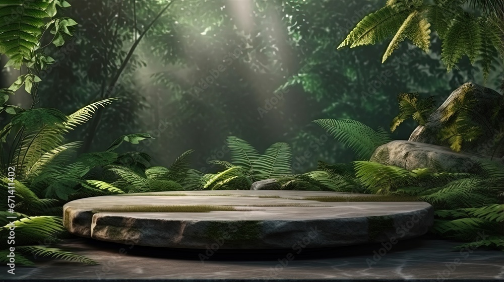Poster stone platform in tropical green forest for product presentation. 3d rendering