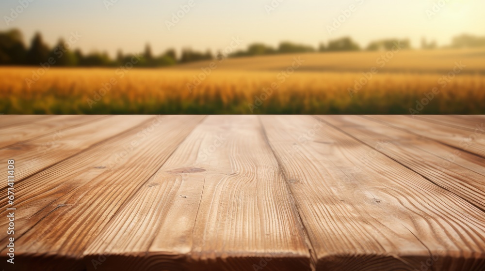 Poster the empty wooden brown table top with blur background of farm and barn. exuberant image.