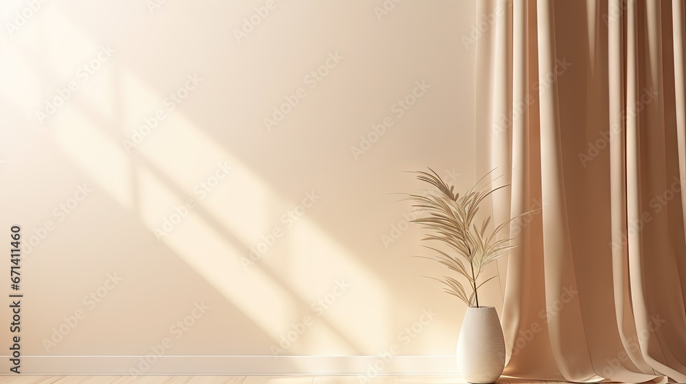 Fototapete Minimalistic abstract gentle light beige background for product presentation with light and shadow of window curtains on wall.
