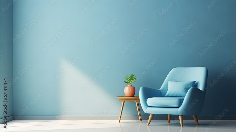 Aufkleber modern minimalist interior with an armchair on empty blue wall background.3d rendering