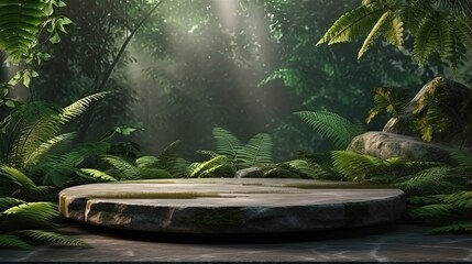 Stone platform in tropical green forest for product presentation. 3d rendering