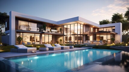Luxurious modern house with swimming pool and backyard - obrazy, fototapety, plakaty