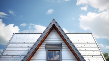 The upper part of the house. The roof of the house from a metal profile against the sky.