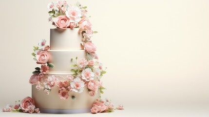 Elite wedding cake with a mix of fresh flowers, many levels, on a light background with space for text. Big stylish wedding cake