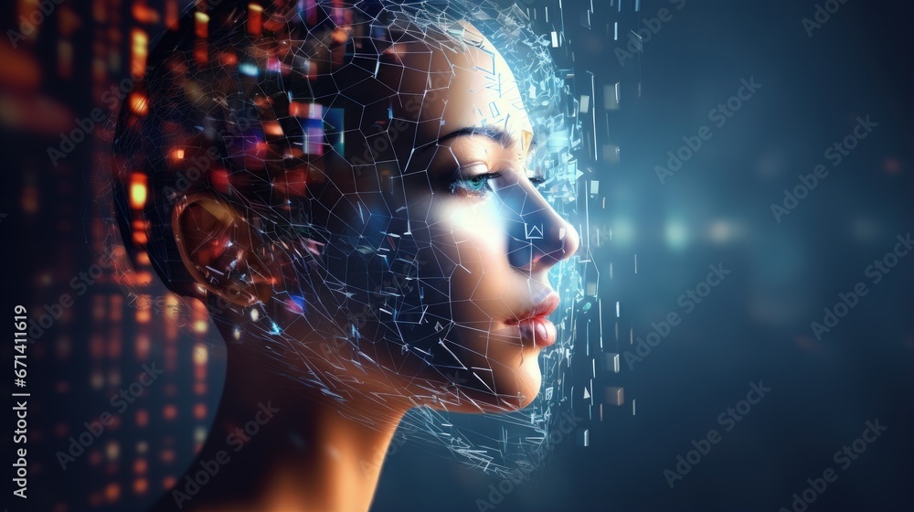 Poster Low poly 3D head, human face structure made of pixels and particles. Biometrics, Facial Recognition and Cyber Security concept.