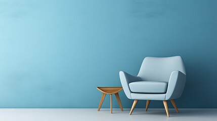 Modern minimalist interior with an armchair on empty blue wall background.3D rendering
