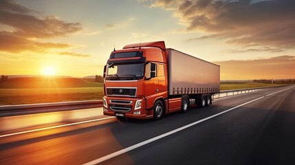 Truck with container on highway with sun light. Concept cargo transportation banner. Blur move effect.