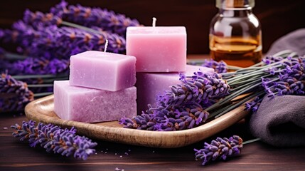 Obraz na płótnie Canvas Lavender spa. Essential oils, sea salt, towels and handmade soap. Natural herb cosmetic with lavender flowers