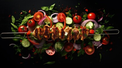 Obraz na płótnie Canvas Grilled meat skewers, shish kebab and healthy vegetable salad of fresh tomato, cucumber, onion, spinach, lettuce and sesame on black background, top view