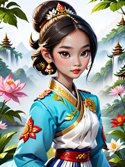 illustration, Beautiful Thai girl in national costume isolated on white background. ai generative