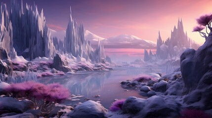 Fantasy landscape anime with sandy glacier and purple crystals