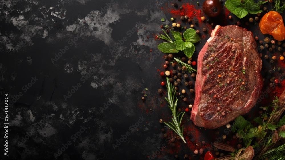 Poster grilled ribeye beef steak, herbs and spices. top view with copy space for your text