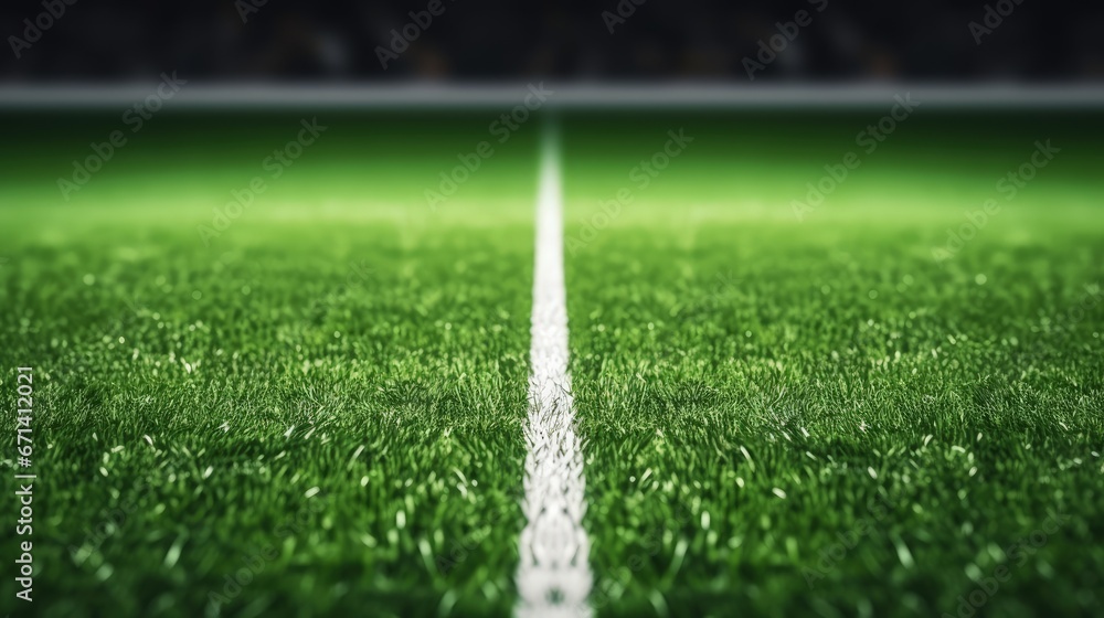 Poster artificial green grass with white stripe of soccer field. white line on green grass a field of play.