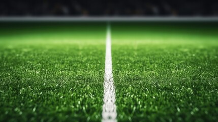 Artificial green grass with white stripe of soccer field. White line on green grass a field of play. Fake Grass used on sports fields for soccer and football. Closed-up of artificial grass background - obrazy, fototapety, plakaty