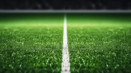 Poster Artificial green grass with white stripe of soccer field. White line on green grass a field of play. Fake Grass used on sports fields for soccer and football. Closed-up of artificial grass background © HN Works