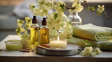 Obraz na płótnie Canvas Spa products with linden flowers on a table