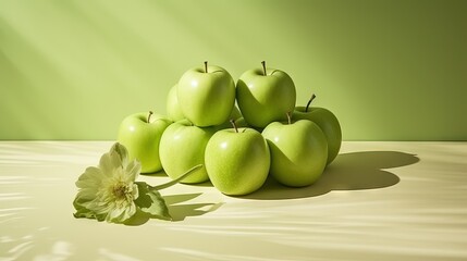 Green apples Granny Smith on a table with floral shadows, minimalist lifestyle fruit still life, healthy food concept