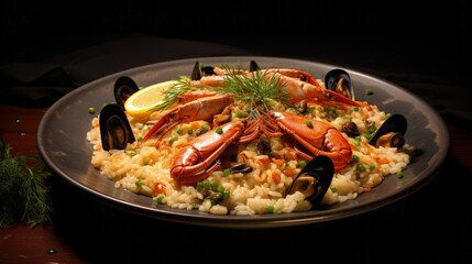 Mediterranean risotto with shrimps, mussels, octopus and clams. Seafood risotto