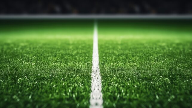 Artificial green grass with white stripe of soccer field. White line on green grass a field of play. Fake Grass used on sports fields for soccer and football. Closed-up of artificial grass background