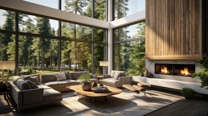 Fototapeta premium Beautiful and bright living room in new contemporary style luxury home. Features large fireplace and surround, and wall of windows showcasing exterior view of trees and blue sky.