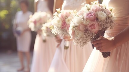 Wedding flowers, bride and bridesmaids holding their bouquets at wedding day. Happy wedding concept - obrazy, fototapety, plakaty