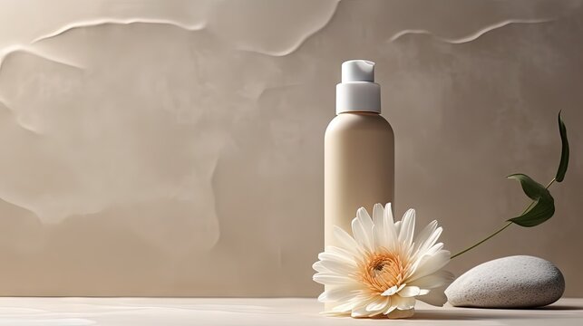 Fototapeta Aesthetic minimalist beauty care therapy concept. Spray bottle, cream, marble stone with flower against neutral beige background. Organic body skin treatment product composition