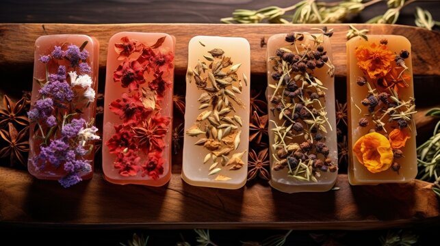 Natural handmade soap bars with organic medicinal plants, cinnamon spice and flowers.Homemade beauty products with natural essential oils from plants and flowers, top view closeup photo