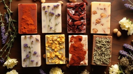 Natural handmade soap bars with organic medicinal plants, cinnamon spice and flowers.Homemade beauty products with natural essential oils from plants and flowers, top view closeup photo