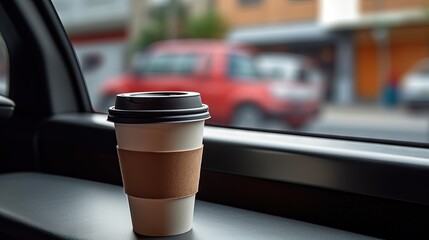 Paper coffee cup on car dashboard at gas station. Space for text