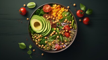 vegan bowl. Avocado, quinoa, sweet potato, tomato, spinach and chickpeas vegetables salad. Buddha Bowl. Long banner format, top view. - obrazy, fototapety, plakaty