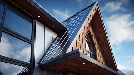 The upper part of the house. The roof of the house from a metal profile against the sky. - obrazy, fototapety, plakaty