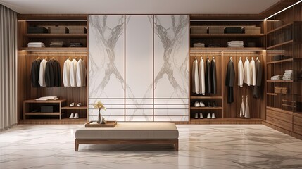 3d rendering, 3d illustration - Modern Wardrobe Design. Suitable for interior walk in closet or Fitting Room Design. Using wooden material and marble flooring. - obrazy, fototapety, plakaty