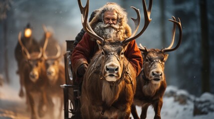 Portrait of Santa in a reindeer harness with reindeer