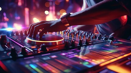 DJ controller close up view in live performance night club dance music