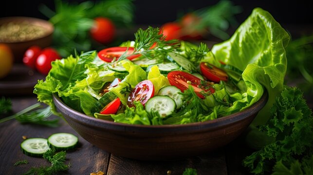 Fresh salad greens of lettuce with spices and fresh vegetables.Vegetarian and healthily cooking concept.Copy space.selective focus
