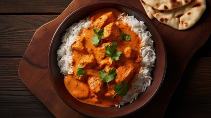 Spicy chicken tikka masala in bowl on rustic wooden background. With rice, indian naan butter bread, spices, herbs. Space for text. Traditional Indian/British dish. Top view. Indian food. Copy space